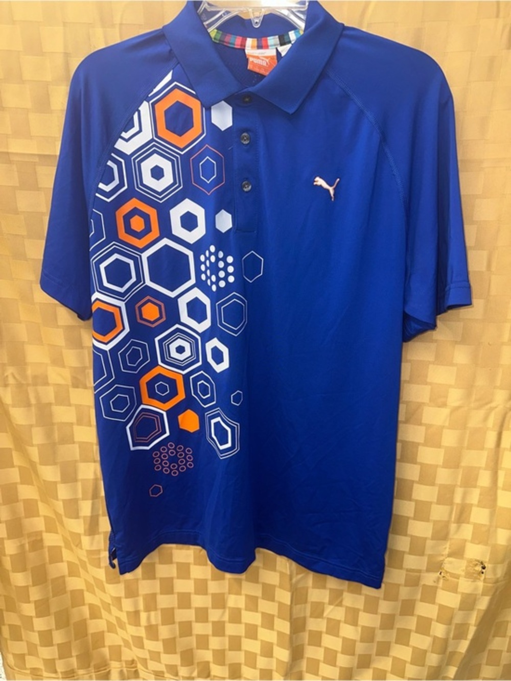 Puma Men's Royal Blue Polo with Orange & White Hex Print